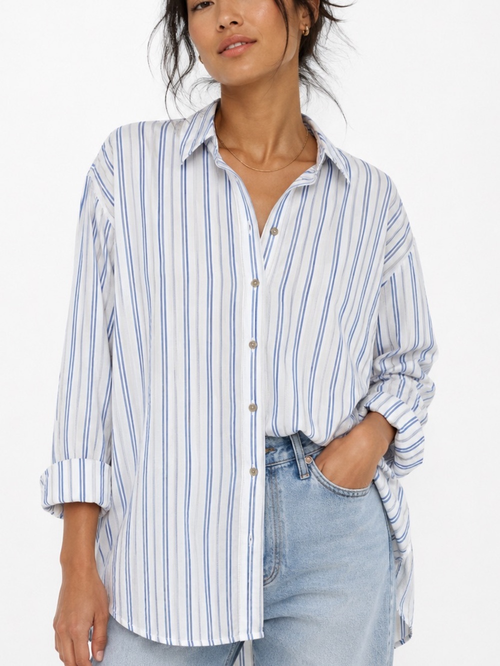 Universal Thread White Button-Down Shirt with Blue Stripes